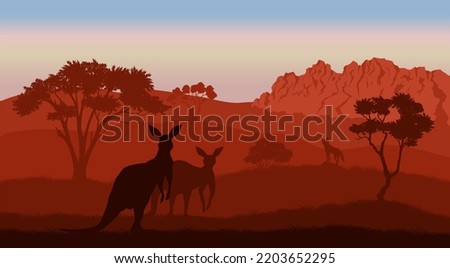 Australian landscape. Kangaroo silhouettes. Savannah scenery of Australia. Panoramic wildlife scene. Wilderness summer dusk. Vector illustration