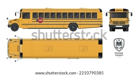 Isolated school bus drawing. 3d blueprint of municipal transport. Top, side, front vehicle view. Academy orange lorry. Industrial clipart. Vector illustration