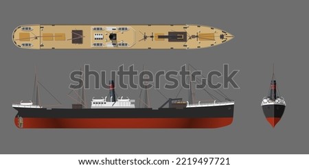 Steamer drawing. 3d steamship industrial blueprint. Old ship view: top, side and front. Isolated steamboat. Industry vehicle. Vector illustration