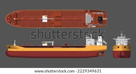 Tanker drawing. 3d cargo ship industrial blueprint. Petroleum boat view top, side and front. Isolated vehicle. Commerce water transport. Vector illustration