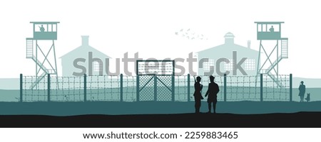 POW camp black silhouette. German war prison background. WW2 military landscape.1940s germanic soldiers. Historical scene. Watchtower and guards. Vector illustration