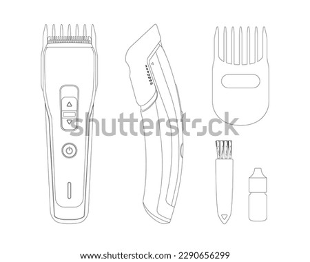 Outline isolated hair clipper. Contour trimmer blueprint. Barber tools drawing with accessories. Electric haircut machine. Hairdresser instrument in side, top views. Vector illustration