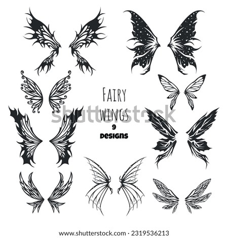 Fairy wings tattoo collection. Isolated silhouettes of pixie art. Fantasy icons. Mystery butterfly template. Magic designs. Vector illustration