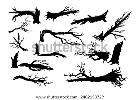 Broken tree isolated silhouettes. Black template of destroyed forest. Fallen wood. Branches and trunks after storm. Vector illustration