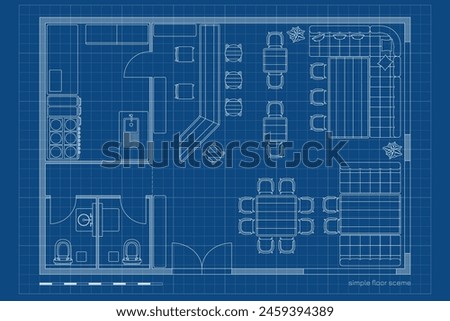 Restaurant outline floor plan. Architectural cafe drawing. Bar interior scheme. Industrial linear map. Pub technical blueprint. Modern ground floorplan. Vector illustration