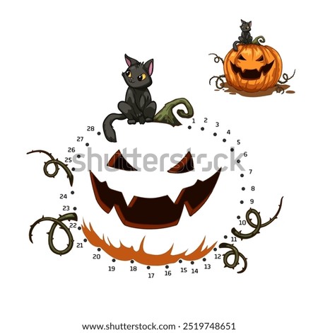 Halloween dot to dot game with spooky pumpkins. Isolated children drawing for educational book. Cartoon logic puzzle. Search right path and connect points. Vector illustration 