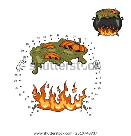 Halloween dot to dot game with witch cauldron. Isolated children drawing for educational book. Cartoon logic puzzle. Search right path and connect points. Vector illustration 