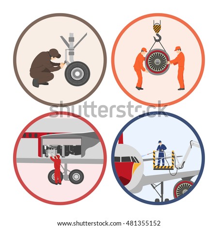 Repair and maintenance of aircraft . Set of aircraft parts in flat style on white background. Images in circles. Vector illustration
