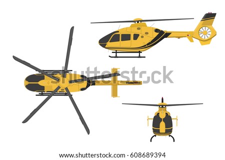 Orange helicopter on a white background. Side, front, top view. Vector illustration