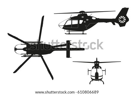 Black silhouette of helicopter on white background. Top, side, front view. Isolated drawing. Vector illustration