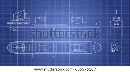 Blueprint of cargo ship on a white background. Top, side and front view. Container transport. Vector illustration