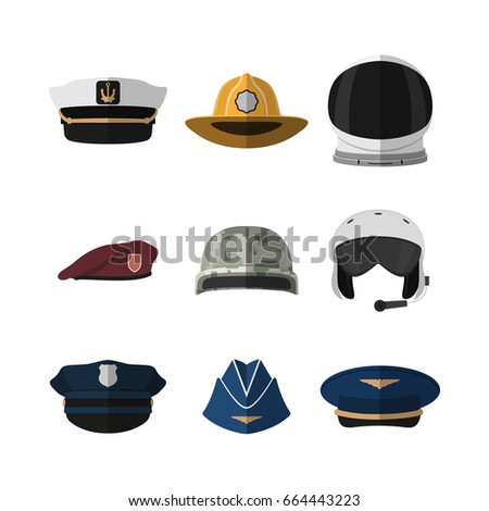 Hats and helmets. Headgear of soldier, aviator, policeman and captain. Icon of cap in flat style. Vector illustration
