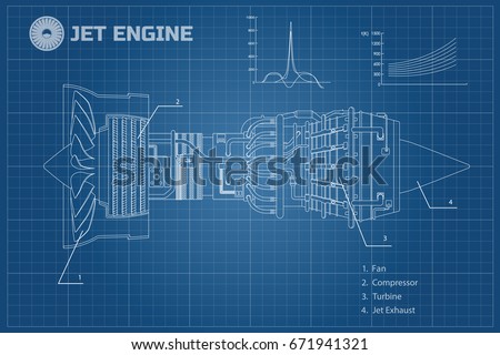 Jet engine of airplane. Outline style. Industrial aerospase blueprint. Part of the aircraft. Side view. Vector illustration
