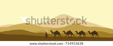 The brown silhouette of the caravan in the desert. Camels in the sands. African landscape. Vector illustration