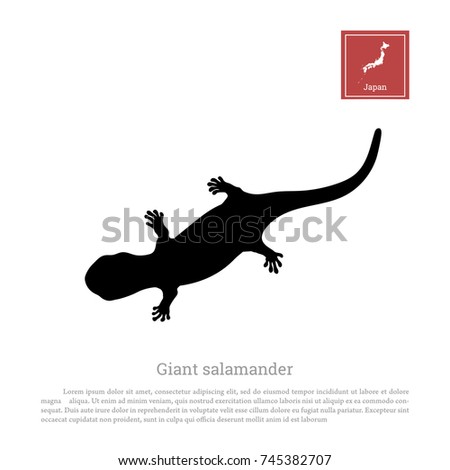 Black silhouette of a japanese giant salamander on white background. Animals of Japan. Vector illustration