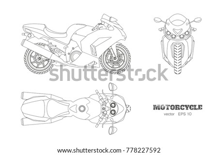 Outline drawing of motorcycle. Side, top and front view. Detailed isolated blueprint of motorbike on white background. Vector illustration