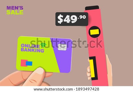 Purchase of a building level with a bank card. Vector banner