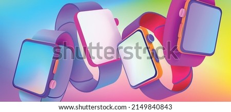 Four pairs of smart watches on a bright colored background. Vector banner