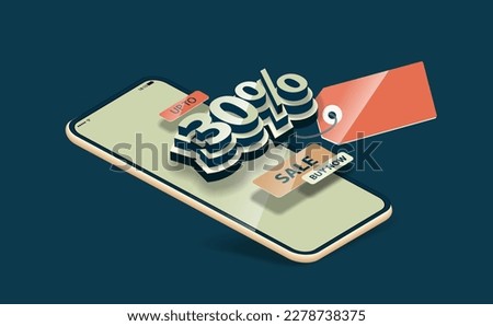 Volumetric figures of 30% on the mobile phone screen. Vector banner