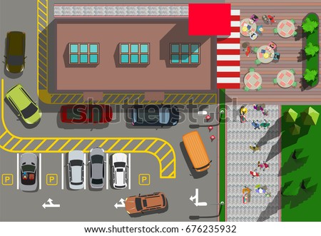 Top view fast food restaurant with cars parking