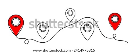 A continuous one line drawing of a google map view in an urban area. route directions and locations. Simple pins on way between two points in thin Linear style. Gps navigation and Travel concept.