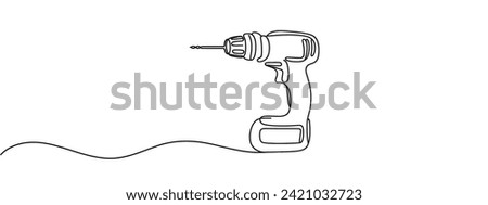 Screwdriver, drill, construction tool, tighten screws, make a hole hole in the material one line art. Continuous line drawing of repair, professional with inscription, lettering, handwritten.