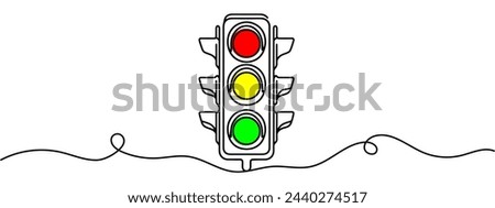 Continuous one line drawing of traffic lights with poles to regulate vehicle travel at road intersections. There are red, yellow, green lights. Single line draw design vector graphic illustration