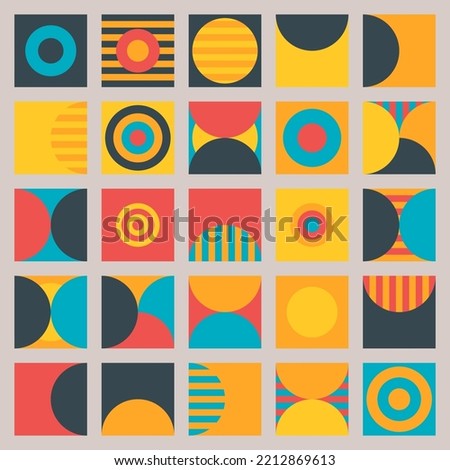 Set of 25 abstract graphic resources in vector format focused on circles and vertical and horizontal stripes