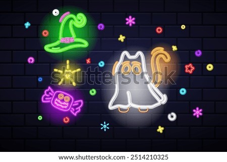 Happy Halloween. Neon ghost cat ,  witch hat and candy monster. Shining star and small decor . Vector illustration on brick wall background