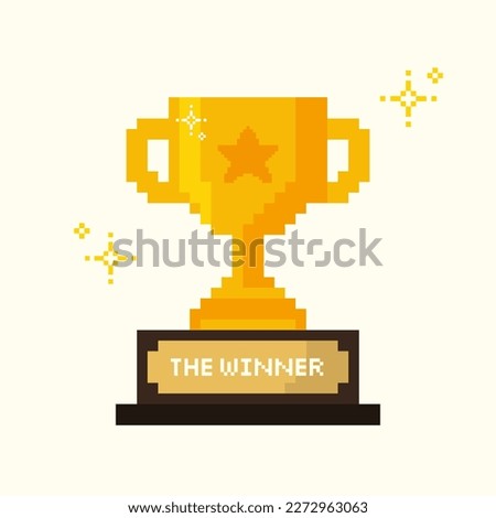Pixel golden trophy, the winner trophy cup pixel art with sparkle star