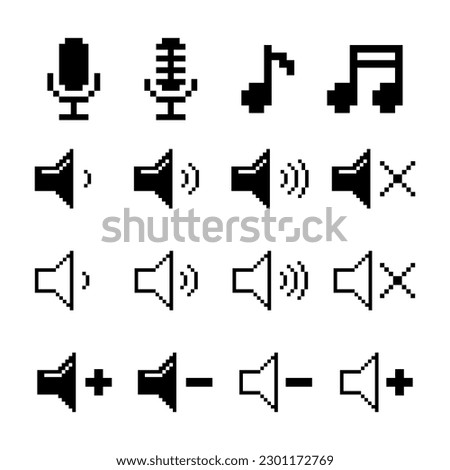 Music, audio pixel art set, microphone, music notes, speaker volume level icon