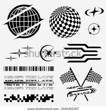 Element Streetwear fashion design vector set including checkered flag, globe, checked sphere, stars, abstract shape, barcode. 