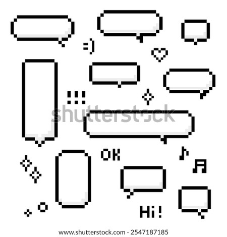 A collection of pixel art speech bubbles in various shapes and sizes, perfect for adding retro style text or designs to your digital and creative projects.
