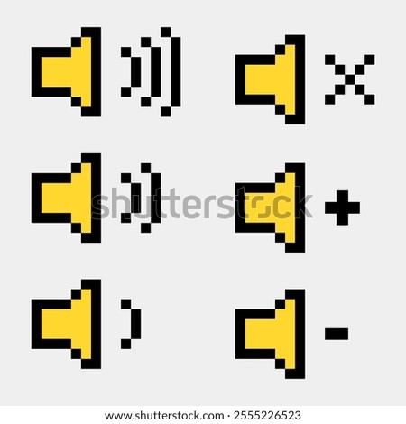 A set of 8 bit pixel art sound icons, including mute, volume up, volume down, and sound levels, perfect for retro games and user interface designs.