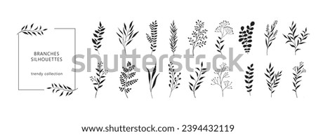 Branch and leaves silhouettes for logo or tattoo. Elegant herbs for wedding design, invitation design, for print, cover or wallpaper.