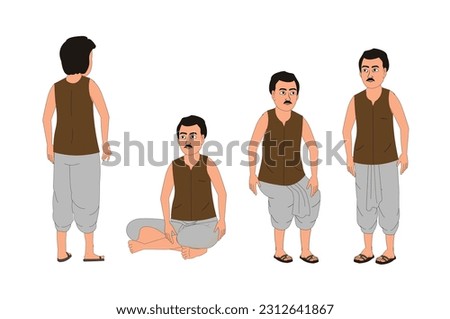 Indian man cartoon character set, Farmer Male Character for Cartoon, Indian poor farmer character set, Indian poor boy vector , Boy character