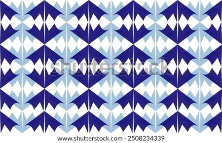 Two tone blue seamless geometric, blue pattern of up and down triangles block, bat wing repeat arrow in blue replete image design for fabric printing, patter