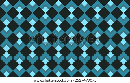 Triple tone blue green triple layer diamond checkerboard repeat pattern on black background, replete image, design for fabric printing, print patter