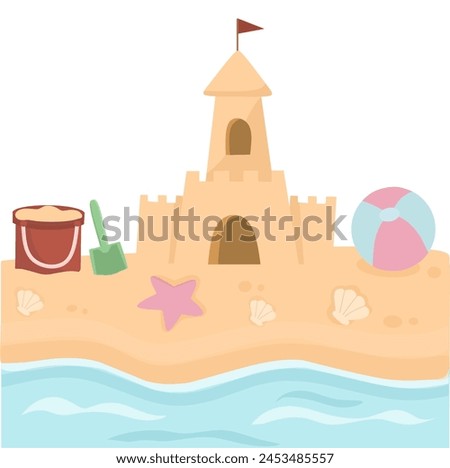 Sandcastle and beach toys, Sandcastle cartoon, Sandcastle flat vector illustration 