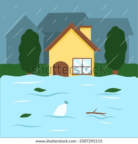 House floods from the heavy rain illustration, flood damage cartoon, flood natural disaster 