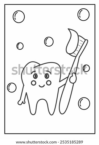 Tooth cartoon character holding tooth brush coloring page, brushing teeth education coloring page for kindergarten, dengan care outline black and white