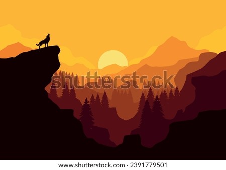 panoramic silhouette of mountains, forest and wolf. Vector landscape illustration.