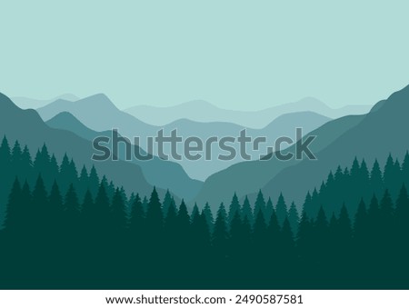 Mountains panorama. Forest mountain range landscape, camping nature landscape silhouette vector illustration. Forest range landscape, panorama silhouette hill.