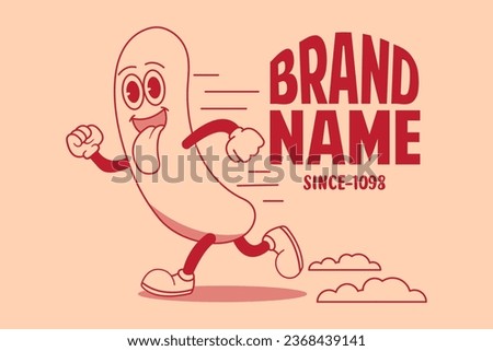 Vector illustration of a funny hot dog running on a pink background. sausage mascot retro cartoon designCan be printed as t-shirt, Poster, greeting cards, gift or room and office decoration.