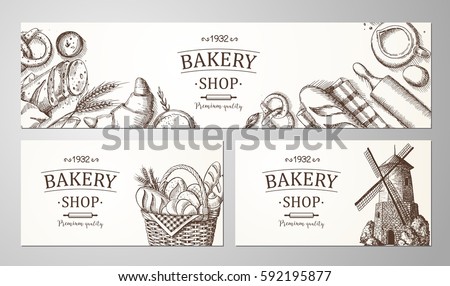 Bakery background. Linear graphic. Bread and pastry collection. Bread house. Vector illustration.