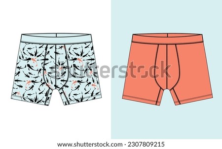 Men's and children's colorful patterned boxer shorts set. Panties isolated on white background. Men's underwear. Patterned front view of men's underwear. Shorts. Kids clothes. vector illustration