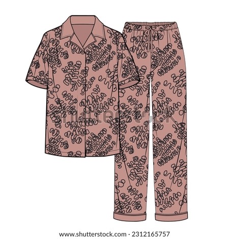 Buttoned pajamas fashion flat technical drawing template. Unisex pajamas technical fashion Illustration, top dress, long sleeve, front view, patterned, female CAD mockup.
