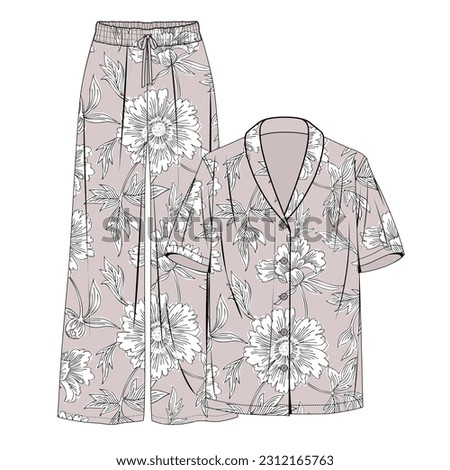 Buttoned pajamas fashion flat technical drawing template. Unisex pajamas technical fashion Illustration, top dress, long sleeve, front view, patterned, female CAD mockup.