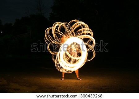 Fire show man in action in night time.