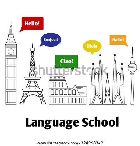 Logo icon - illustration language school. Illustration with various famous monuments of Europe